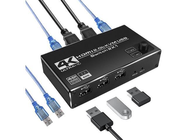 2 Port HDMI KVM Switch 2 in 1 Out, 4K @60Hz HDMI USB2.0 KVM Switch for 2 Computers 1 Monitor Share Keyboard Mouse Button Switch, Metal Case, Button...