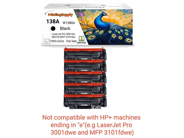 HP 5 Pack 138A W1380A Black Toner Cartridge Compatible for HP 138A Laser jet Pro 3001dw Laser jet Pro 3001fdw Laser jet Pro MFP 3101fdw With Chip