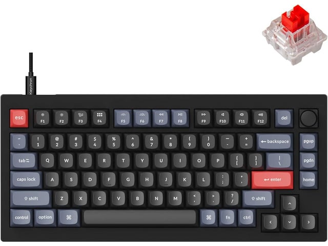 Keychron V1 75% Wired Mechanical Keyboard, QMK/VIA Programmable, Hot-swappable Red Switches, Compatible with Mac Windows Linux - Carbon Black