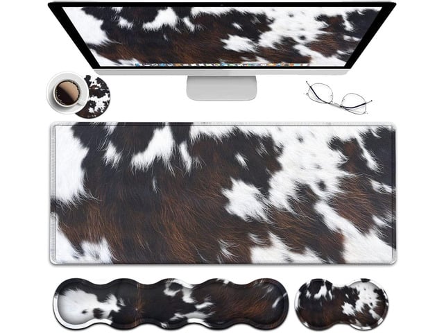Gaming Mouse Pad XXL Large Desk Cute Black Cowhide Extended Mousepad Ergonomic Memory Foam Keyboard Wrist Rest, Stitched Edges Desk Pad(31.5x11.8...
