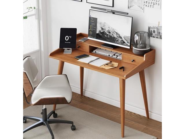 Mid Century Modern Desk, 41' Wood Home Office Writing Computer or Laptop Desk with Monitor Stand Riser and Open Storage Cubby, Vanity Desk with 2...