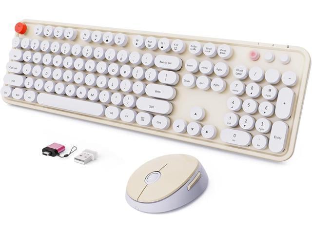 Wireless Keyboard and Mouse Combo, Ergonomic Full Size Typewriter Retro Round Keycaps Keyboard, Compatible with Windows, PC, Perfer for Home and...