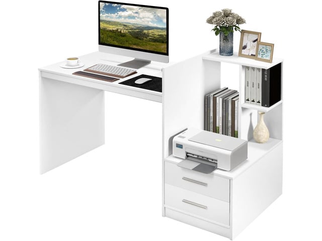 Tangkula White Desk with 2 Storage Drawers & Bookshelf, Home Office Desk with Corner Bookshelf & Printer Stand, Small Writing Study Desk for Small...