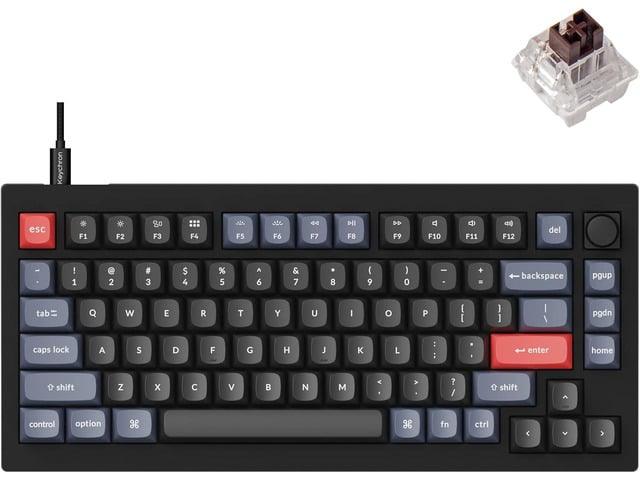 Keychron V1 75% Wired Mechanical Keyboard, QMK/VIA Programmable, Hot-swappable K Pro Brown Switches, Compatible with Mac Windows Linux - Carbon Black