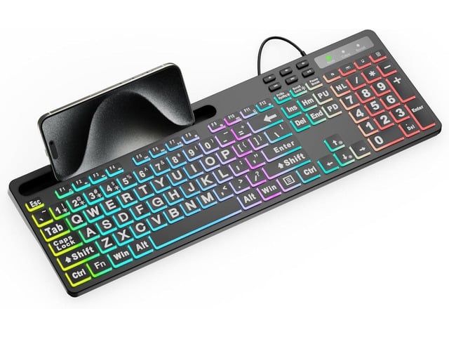 MARVO Large Print Backlit Keyboard, WK712 Wired Computer Keyboards with 7 Colors & 11 Modes Backlight, Tablet Phone Holder and Quiet Light Up Keys,...