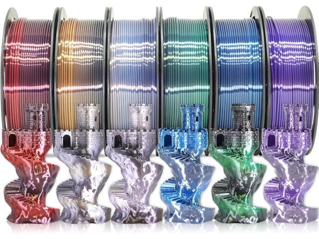 MIKA3D 6 Spools Fast 2 Color Change Silk PLA 3D Printer Filament Bundle, Silk Black Color Change to White/Red/Orange/Blue/Purple/Green, Each Spool...