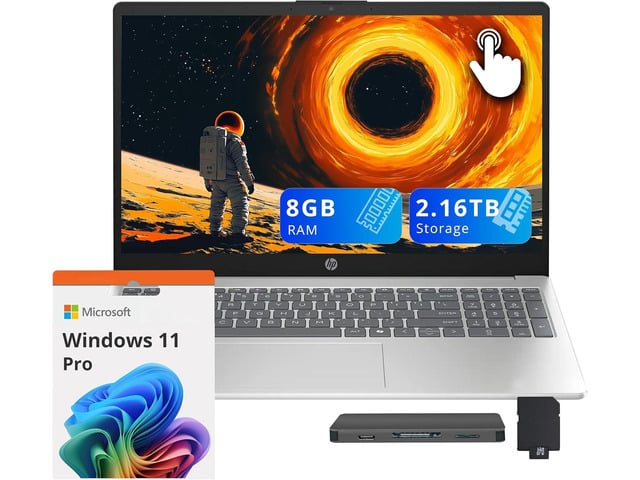 HP 15.6' FHD Touchscreen Laptop, AMD Ryzen 5 7520U, 8GB LPDDR5, 2.16TB Storage(2TB SSD+160GB Docking Station Set), AMD Radeon Graphics, Copilot,...