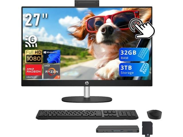 HP All-in-One Desktop, 27' FHD IPS Touchscreen Display, AMD Ryzen 7 7730U, 32GB RAM, 3TB Storage (2TB SSD+1 TB Docking Station), AMD Radeon...