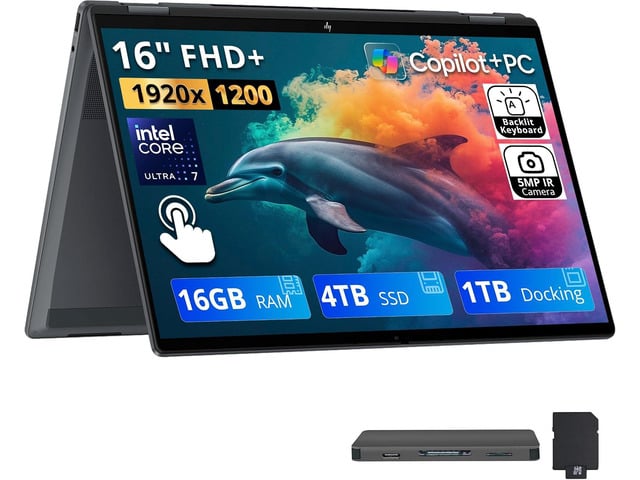 HP OmniBook X Flip 16' 2K Touchscreen 2-in-1 AI Laptop, Intel Core Ultra 7 256V, 16GB LPDDR5X, 5TB Storage (4TB SSD+1TB Docking Station), Intel Arc...