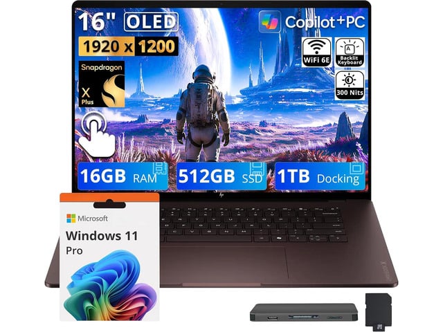 HP OmniBook X 16' 2K OLED Touch Laptop, Snapdragon X Plus X1P-42-100, 16GB RAM, 1.5TB Storage (512GB SSD+1TB Docking Station), Adreno Graphics,...