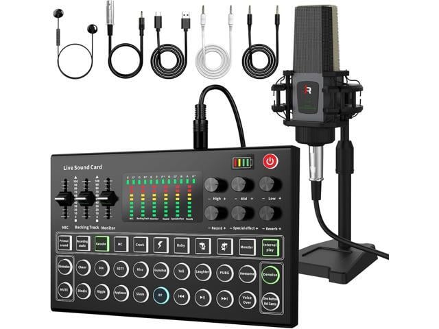RHM Podcast Equipment Bundle, All-in-One Audio Interface DJ Mixer with Microphone, Stand, Monitor Earphone, Audio Mixer With Sound card for...