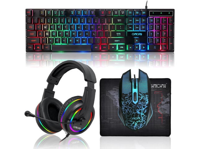 Gaming LED Keyboard Mouse Headset and Mousepad Bundle, CHONCHOW Wired Rainbow LED Light Up Gaming Keyboard Mouse Headset, Value 4 in 1 Game Set for...