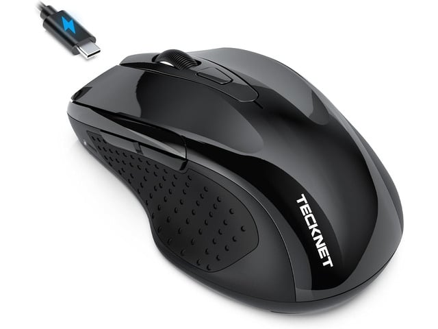 TECKNET Rechargeable Jiggler Wireless Mouse (BT5.0/3.0 & 2.4G) 4800 DPI Silent USB A & Bluetooth Mouse 6 Buttons, Wide Compatibility - Black