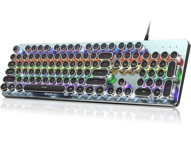 RisoPhy Typewriter Style Mechanical Gaming Keyboard, Metal Panel, Retro Punk Round Keycaps, Clicky Blue Switch, Rainbow LED Backlit, 104 Keys Wired...