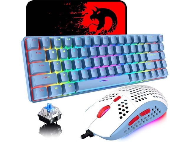 65% Wired Gaming Mechanical Keyboard and Mouse Combo, Mini 68 Keys, RGB Backlight, Lightweight RGB 6400DPI Honeycomb Optical Mouse,Mouse Pad...