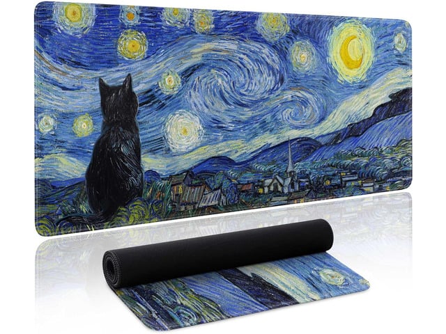 Starry Night Cat Gaming Mouse Pad Large Desk Mat Extended Keyboard Mouse Pad Anime Mousepad with Non-Slip Base and Stitched Edge Mouse Mat Desk Pad...