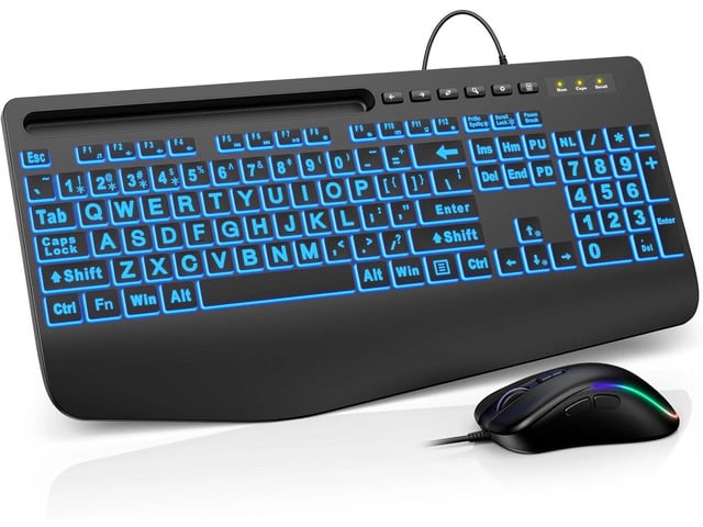 Wired Keyboard Mouse Combo - Large Print Backlit, Ergonomic Wrist Rest, 6 DPI RGB for PC/Windows - Ideal for Seniors, Students, Office and Home...