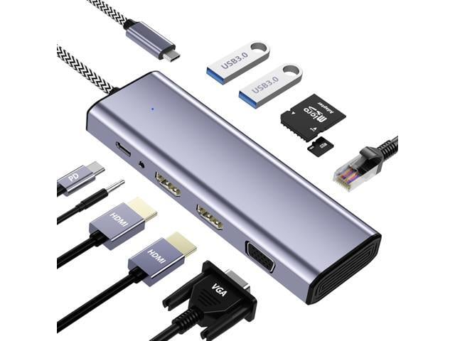 Docking Station Dual Monitor, USB C to Dual HDMI Adapter, 10 in 1 Laptop Docking Station 3 Monitors with HDMI/VGA/PD/Ethernet/USB/SD/TF/3.5mm Audio