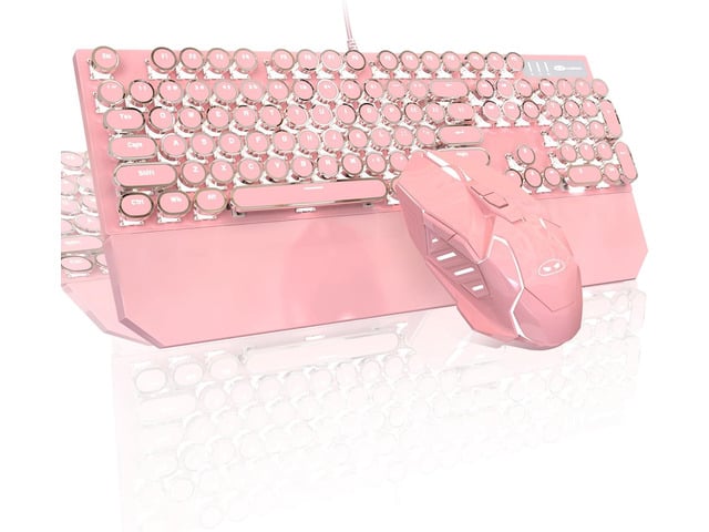 Typewriter Mechanical Gaming Keyboard and Mouse Combo, Retro Punk Round Keycaps RGB Rainbow Backlit Wired Keyboard for Game and Office, for Windows...