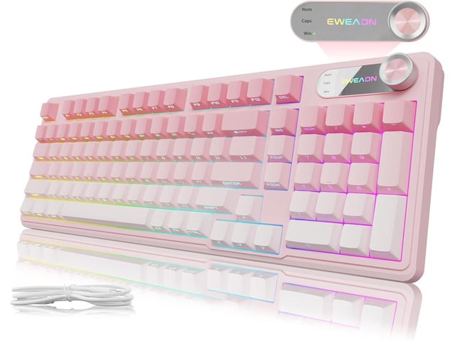 V102 Wired Keyboard, 98 Keys Creamy Gaming Keyboard with Number Pad, Display Screen & Media Knob RGB Silent Wired Cute Computer Keyboard for Laptop...