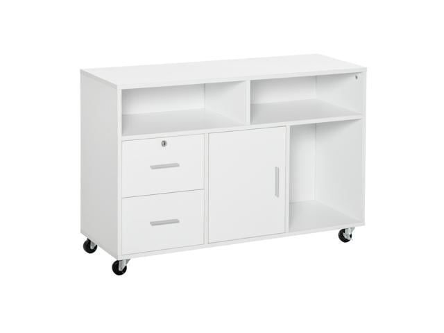 Printer Stand Home Office Mobile Cabinet Organizer Desktop with Caster Wheels, 2 Locking Breaks and Drawer, White