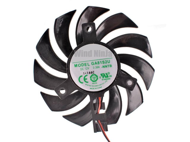 GA81S2U-NNTB DC12V 0.38A, 75mm diameter, 40mm hole spacing graphics card cooler fan, suitable for GT430, GT440, and GT630 graphics cards.