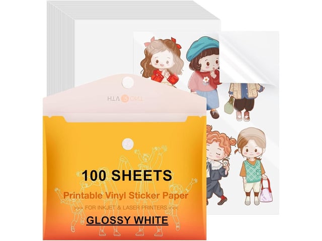 HTVRONT Printable Vinyl Sticker Paper, 100 Sheets Glossy Waterproof Sticker Paper For Inkjet Printer Dries Quickly-Standard Letter Size 8.5'X11'