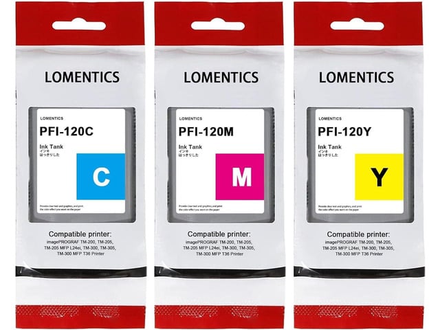 Canon PFI120 130-ml Ink Tank (3-Pack, Cyan, Magenta, Yellow) Lometic Compatible PFI120C PFI120M PFI120Y Replacement for Canon TM-205 TM-300 TM-305 Printer