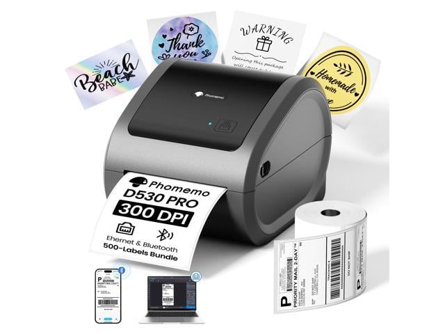 300DPI 4x6 Thermal Shipping Label Printer with 500 Labels Ethernet Bluetooth & USB connection, Thermal Printer for Small Business, Compatible...