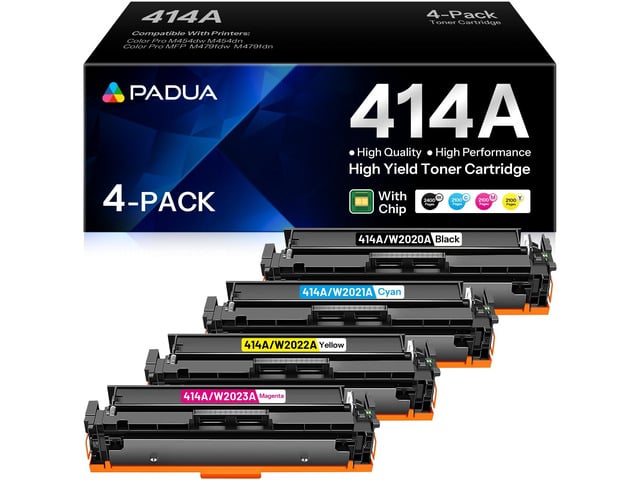 HP 414A Toner Cartridge 4 Pack (with Chip) Compatible W2020A W2021A W2022A W2023A Toner Replacment for HP 414A Color Pro M454dn M454dw MFP M479fdn...