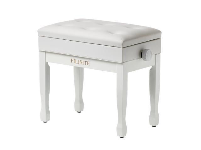 Adjustable Height Piano Bench Stool PU Leather Cushion Wooden Keyboard Seat with Music Storage (White)