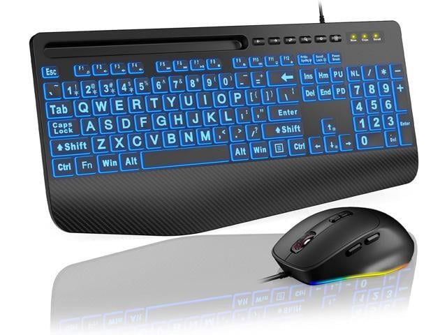 KM21Pro Wired Keyboard and Mouse Combo, 4X Larger Print Backlit Keys, Palm Rest, Ergonomic Design, USB Plug & Play for Windows PC Laptop, Ideal for...