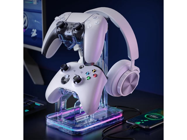 Gaming Headphones Stand, RGB Headset Stand with 2 USB Charging Ports, Dual Controller Holder with Light Modes, Earphone Hanger Accessories for...