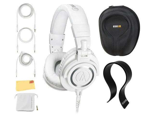 ATH-M50x Professional Monitor Headphones - White Bundle with Case, Stand, and Austin Bazaar Polishing Cloth