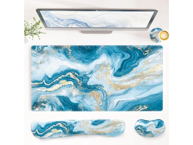 PU Leather Desk Mat Set, 4-in-1 Ergonomic Wrist Rest, Blue Fluid Art Waterproof Large Mouse Pad 31.5×15.7 + Keyboard Wrist Rest + Mouse Wrist...