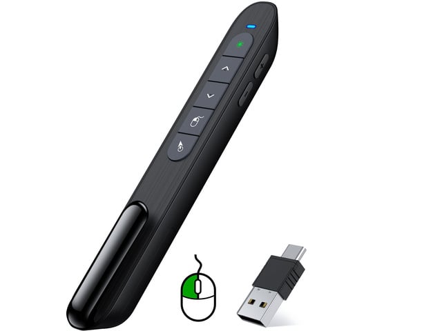 Green Light Wireless Presentation Clicker with Air Mouse, 2.4GHz Rechargeable USB-A/USB-C PowerPoint Clicker Slide Advancer, Presenter for PC, Mac,...