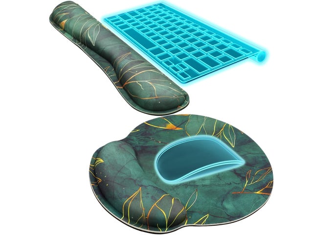 Keyboard Wrist Rest & Mouse Pad with Wrist Rest, Green Leaves Memory Foam Wrist Support, Ergonomic Design, Non-Slip Base, Office and Home Use
