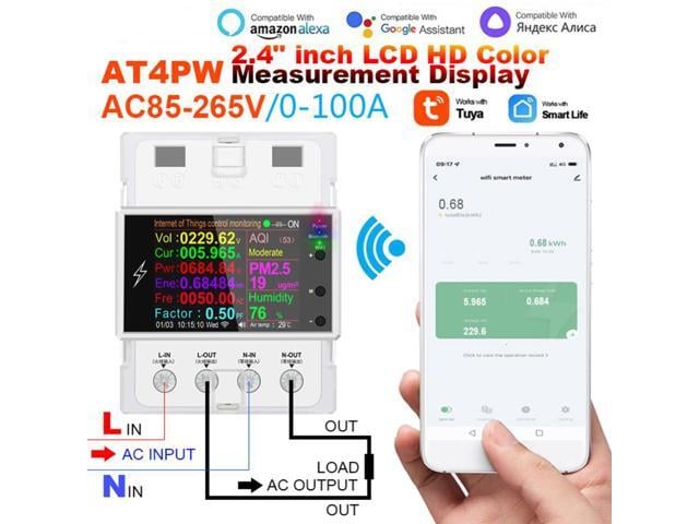 AT4PW Volt Amp Kwh Frequency Factor Meter AC 110V 220V 100A WiFi Electricity Power Monitor Remote Control Share Management