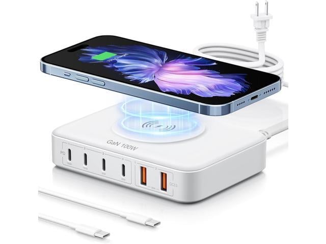Apple 6-in-1 Desktop Charger - 100W USB with 15W Wireless, 2 USB A & 4 USB C Ports for iPhone, iPad, MacBook, Laptop, Samsung & Android Devices
