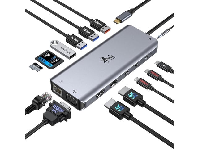 USB C Docking Station Dual Monitor for Laptop, LIONWEI 14-in-1 USB-C Hub with Triple Display, 2 HDMI + VGA, Ethernet, 6 USB A/C 3.0/2.0, PD, SD/TF,...