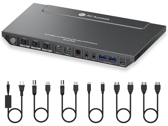 AV Access KVM Switch Dock for a Laptop and 2 Desktop PCs, Dual 4K Monitor USB C Docking Station, Type-C 65W Charging for Laptop, Ethernet, EDID,...